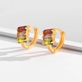 Golden huggie earrings with vertical red, champagne, and green square cubic zirconia - Red Yellow Green Baguette Huggies-EH015