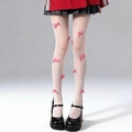 Detail of white Lolita tights with pink ribbon bows and delicate pearl embellishments - One Size / Milky White Pantyhose - Pink Bow
