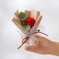 Miniature handmade crochet red flower bouquet with champagne paper and star mesh wrap - Knitted Red Tulip