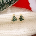 Golden Christmas tree stud earrings with green rhinestones and star detail - Gold Green Zirconia Studs