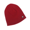 Detail shot of the dark red knit beanie fabric texture and square logo patch - Dark Red