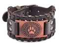 Deep brown wide leather bracelet featuring a bronze bear paw and Nordic rune metal plate - PU Brown Leather + Antique Copper
