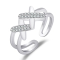 Adjustable silver crossover ring featuring sparkling zircon crystals in a minimalist X-shape - Crisscross X-Shape / Platinum Color-J364