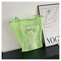 Close-up of neon green mesh tote bag showing reinforced handles and translucent texture - Green