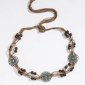 Bohemian braided belt with dark wooden beads and bronze flower charms with blue rhinestones - 3 Flowers
