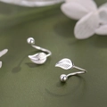 Polished silver leaf earrings with screw-back design shown on green leather texture - Silver Leaf Polished Style (A270)