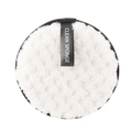 Reusable white microfiber makeup remover sponge with a black strap and hanging loop - 12cm / White