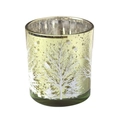 Golden glass candle holder with white winter trees and snowflakes on a white background - Golden Christmas Tree