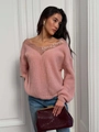 Chic pink V-neck knit sweater with lace trim and long sleeves for a minimalist look - S / Peach