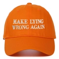 Dettaglio del ricamo bianco Make Lying Wrong Again su un cappellino da baseball arancione - Arancione