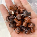 Polished brown mahogany obsidian mushroom pendants held in hand with silver bails - Mahogany Obsidian