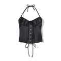 Elegante corsetto in raso nero con lacci allacciati al collo e bottoni frontali - S / Nero