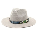 Classic wide brim straw fedora hat with unique snakeskin pattern band and gold buckle - M (56-58cm) / Gray