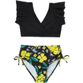 Costume da bagno due pezzi bimba con maniche a volant e slip floreale a vita alta - 152 / Nero