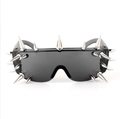 Punk style shield sunglasses with metallic silver spikes and black wide frame eyewear - No. 1 21 Spikes / Black