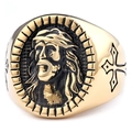 Anello religioso dorato con rilievo testa di Gesù e motivi a croce laterali - US 7 / Oro (Gesù)