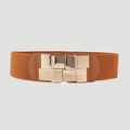 Brown elastic waist belt for women featuring a large geometric gold metal buckle - 19208 Camel-Geometric Square Buckle