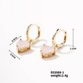 Macro detail of heart-shaped gold earrings with pink gemstones and size measurements - Pink Heart Style (E03088-1)