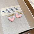 Minimalist pink and white heart-shaped hoop earrings in a wooden jewelry box - 33# Gold Pink Heart