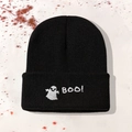 Schwarze Strickmütze mit süßer Geister- und BOO-Stickerei für Halloween-Stil - Einheitsgröße / Schwarz