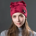 Elegant wine red velvet cat ear beanie with sparkling black rhinestone flower decoration - Burgundy