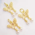 14K gold butterfly pendant with red gemstone and hanging white pearls for DIY jewelry - Ancient Gold/Red Zircon