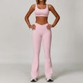 Two-piece light pink yoga set with U-neck sports bra and V-waist flared leggings - S / Top And Bottom / Bra + Flare Pants / Peach Pink