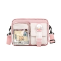 Bolso bandolera de lona rosa y beige con bolsillos dobles y lindo diseño de oso - Rosa