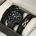 Detail view of square dial quartz watch and multi-layer leather bracelet in a gift box - HK064 Watch & Bracelet Collection (Without Box) / Black