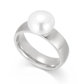Anillo minimalista de acero inoxidable con una gran perla blanca y acabado cepillado - US 6 / Color Acero