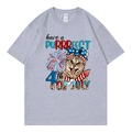 Oversized grey cotton T-shirt featuring a cute cartoon cat 4th of July graphic print - Gray