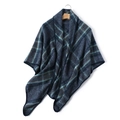 Detail of soft faux cashmere plaid scarf showing navy blue and brown check pattern texture - Blue Gray