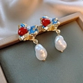 Detail of gold floral earrings with blue enamel, red gems, and baroque pearl drop - Blue Enamel Ruby Baroque Pearl (11#)