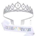 Silver rhinestone birthday crown and white Birthday Princess sash set for party - BIRTHDAY PRINCESS White Holographic Set