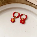 Red enamel drop earrings featuring asymmetrical flower and luxury handbag charms - 136# Flower and Handbag (Silver Earring Post) / Gold/Red