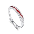 Adjustable S925 sterling silver ring with matte leaf texture and red enamel accent - Fdjz-485 - Women's Model / Adjustable Open