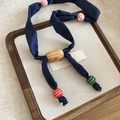 Detail of denim fabric necklace with colorful wooden beads and cherry heart patterns - Blue (Cherry & Heart)