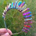 Close-up of rainbow crystal crown with hollow moon pendant and wire wrapped details - Multi-color Crystal + White K Moon