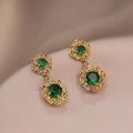 Vintage style gold earrings with emerald green zircons and woven hollow details - Hollow Floral Dangle (E0391 Gold) / Gold/Green