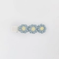 Detail of three light blue embroidered flowers on a white ribbon-wrapped metal hair clip - Sky Blue