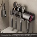 Wall-mounted gunmetal bathroom organizer set with toothbrush holder and hair dryer rack - Gunmetal Grey | 3 Slots + Toothpaste Dispenser + Hair Dryer Rack