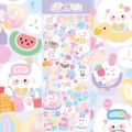 Close-up of summer themed cartoon sheep stickers with watermelon and ice cream icons - Doggy Beach