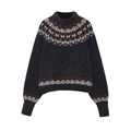 Vintage πλεκτό πουλόβερ Fair Isle σε σκούρο γκρι με καφέ ζακάρ σχέδια και στρογγυλή λαιμόκοψη - S / Σκούρο Γκρι Ζακάρ
