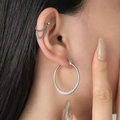 Silver gothic punk ear cuff set featuring a polished hoop and minimalist double chain stud - Chain Stud Earring Combination (9465) / 2 Pcs/Set / Steel