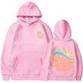 Detail of pink hoodie with sunset graphic and Forever Chasing Sunsets print design - S / Pink