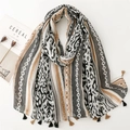 Ethnic cotton-linen feel scarf with leopard and geometric prints and black tassels - Leopard & Brown-White Stripe Patchwork (SL2408-022)