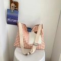 Canvas crossbody tote bag featuring orange and white checkers with beige wide strap - Orange Grid
