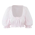Detail of pink crop top with puff sleeves, frill trim and center bow on cotton fabric - S / Pink Top