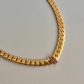 18k gold-plated Cuban link necklace with four pink zircons on a flat weave band - Gold Red Ruby Color Zirconia / Red