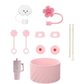Pink and white silicone cup accessory set with flower charms and cloud straw covers - Pink